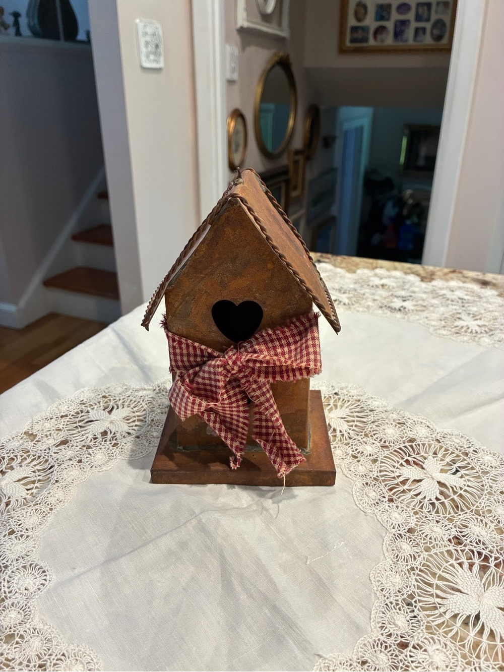 Rustic Metal Brown Heart Birdhouse with Red Gingham Bow - Home Holiday Decor